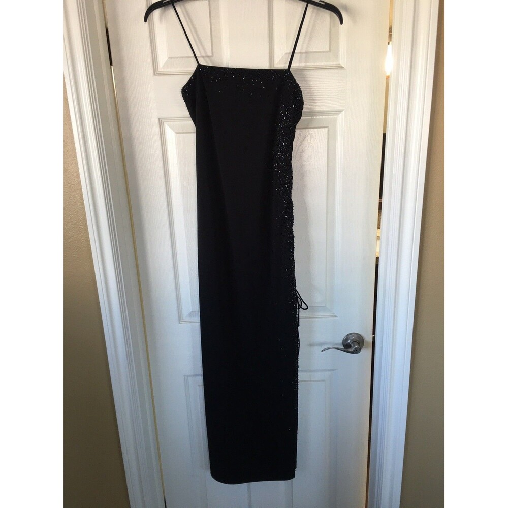 Niki Livas Black Spaghetti Strap Beaded Embellished Long Formal Gown w/slit SZ 4